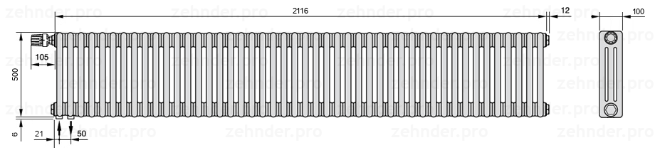 Схема (чертеж) Радиатор Zehnder Charleston 3050/46 №V001 Белый глянцевый RAL 9016